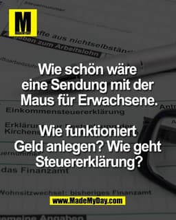Wie schön wäre 
eine Sendung mit der 
Maus für Erwachsene.

Wie funktioniert 
Geld anlegen? Wie geht 
Steuererklärung?