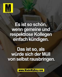 Es ist so schön, 
wenn gemeine und 
respektlose Kollegen 
einfach kündigen. 

Das ist so, als 
würde sich der Müll 
von 