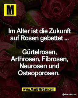 Im Alter ist die Zukunft
auf Rosen gebettet ...

Gürtelrosen,
Arthrosen, Fibrosen,
Neurosen und
Osteoporosen.