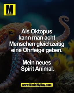 Als Oktopus 
kann man acht 
Menschen gleichzeitig 
eine Ohrfeige geben. 

Mein neues 
Spirit Animal.