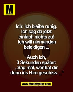 Ich: Ich bleibe ruhig. 
Ich sag da jetzt 
einfach nichts zu! 
Ich will niemanden
beleidigen ... 

Auch ich, 
3 Sekunden 