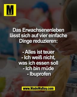 Das Erwachsenenleben 
lässt sich auf vier einfache 
Dinge reduzieren: 

- Alles ist teuer 
- Ich weiß nicht, 
was ich es