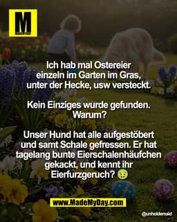 Ich hab mal Ostereier 
einzeln im Garten im Gras, 
unter der Hecke, usw versteckt. 

Kein Einziges wurde gefunden. 
Waru