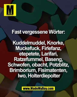 Fast vergessene Wörter: 

Kuddelmuddel, Knorke, 
Muckefuck, Firlefanz, 
etepetete, Larifari, 
Ratzefummel, Baseng, 
Schw