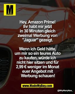 Hey, Amazon Prime! 
Ihr habt mir jetzt 
in 30 Minuten gleich 
zweimal Werbung von 
"Jaguar"" gezeigt. 

Wenn ich Geld hä
