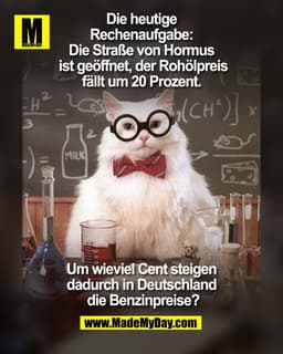 Die heutige Rechenaufgabe: 
Die Straße von Hormus ist geöffnet, 
der Rohölpreis fällt um 20 Prozent. 

Um wieviel Cent s