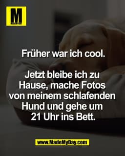 Früher war ich cool.

Jetzt bleibe ich zu Hause,
mache Fotos von meinem
schlafenden Hund und gehe
um 21 Uhr ins Bett.