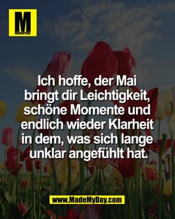 Ich hoffe, der Mai
bringt dir Leichtigkeit,
schöne Momente und
endlich wieder Klarheit
in dem, was sich lange
unklar ang