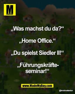 „Was machst du da?“ 

„Home Office.“ 

„Du spielst Siedler II!“ 

„Führungskräfte-
seminar!“