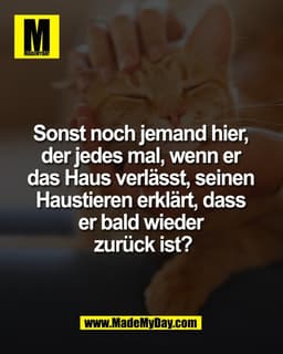 Sonst noch jemand hier, 
der jedes mal, wenn er 
das Haus verlässt, seinen 
Haustieren erklärt, dass 
er bald wieder 
zu