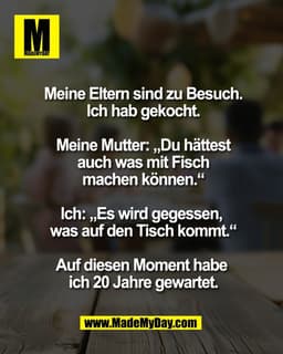 Meine Eltern sind zu Besuch.
Ich hab gekocht.

Meine Mutter: „Du hättest
auch was mit Fisch
machen können.“

Ich: „Es wi