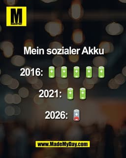 Mein sozialer Akku

2016: 🔋🔋🔋🔋🔋

2021: 🔋🔋

2026: 🪫