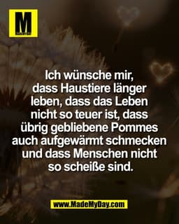 Ich wünsche mir, 
dass Haustiere länger 
leben, dass das Leben 
nicht so teuer ist, dass 
übrig gebliebene Pommes 
auch 