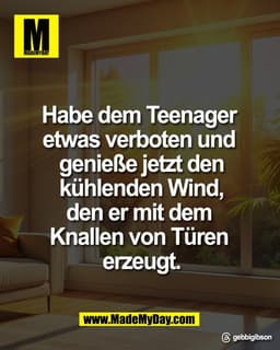 Habe dem Teenager 
etwas verboten und 
genieße jetzt den
kühlenden Wind,
den er mit dem 
Knallen von Türen 
erzeugt.

Th