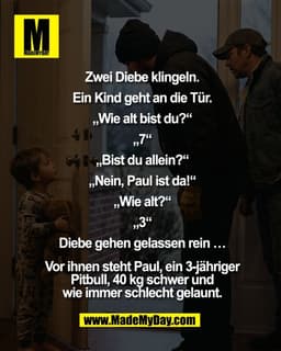 Zwei Diebe klingeln.

Ein Kind geht an die Tür.

„Wie alt bist du?“

„7“

„Bist du allein?“

„Nein, Paul ist da!“

„Wie 