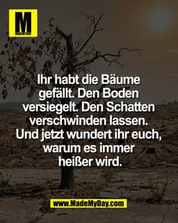 Ihr habt die Bäume 
gefällt. Den Boden 
versiegelt. Den Schatten 
verschwinden lassen. 
Und jetzt wundert ihr euch, 
war