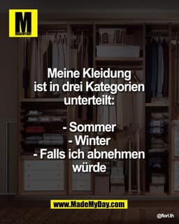 Meine Kleidung 
ist in drei Kategorien 
unterteilt: 

- Sommer 
- Winter 
- Falls ich abnehmen 
würde