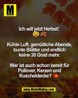 Ich will jetzt Herbst! 
😫🍂

Kühle Luft, gemütliche Abende,
bunte Blätter und endlich
keine 30 Grad mehr.

Wer ist auch