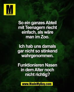 So ein ganzes Abteil
mit Teenagern riecht
einfach, als wäre
man im Zoo.

Ich hab uns damals
gar nicht so stinkend
wahrge