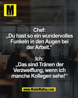 Chef:
„Du hast so ein wundervolles
Funkeln in den Augen bei
der Arbeit.“

Ich:
„Das sind Tränen der
Verzweiflung, wenn i