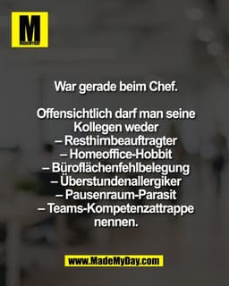 War gerade beim Chef.

Offensichtlich darf man seine
Kollegen weder
– Resthirnbeauftragter
– Homeoffice-Hobbit
– Büroflä