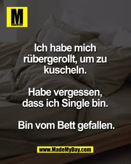 Ich habe mich 
rübergerollt, um zu 
kuscheln. 

Habe vergessen, 
dass ich Single bin. 

Bin vom Bett gefallen.