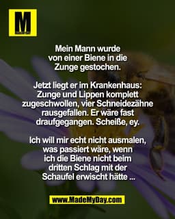 Mein Mann wurde 
von einer Biene in die 
Zunge gestochen. 

Jetzt liegt er im Krankenhaus: 
Zunge und Lippen komplett 
z