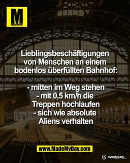 Lieblingsbeschäftigungen 
von Menschen an einem 
bodenlos überfüllten Bahnhof:

- mitten im Weg stehen
- mit 0,5 km/h di