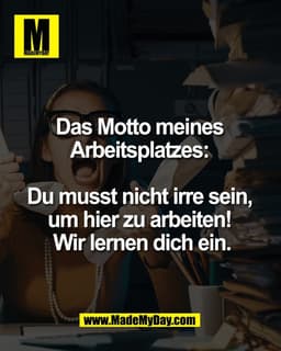 Das Motto meines
Arbeitsplatzes:
Du musst nicht irre sein,
um hier zu arbeiten!
Wir lernen dich ein.