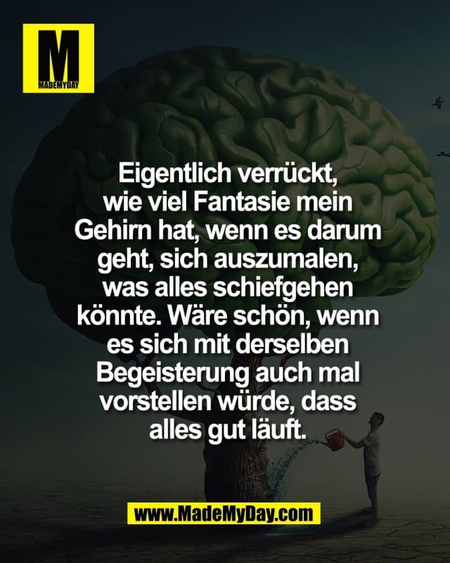Eigentlich verrückt,
wie viel Fantasie mein
Gehirn hat, wenn es darum
geht, sich auszumalen,
was alles schiefgehen
könnte. Wäre schön, wenn
es sich mit derselben
Begeisterung auch mal
vorstellen würde, dass
alles gut läuft. - Inspiration, Zitate & Sprüche | MadeMyDay | Jetzt entdecken & teilen Eigentlich verrückt,
wie viel Fantasie mein
Gehirn hat, wenn es darum
geht, sich auszumalen,
was alles schiefgehen
könnte. Wäre schön, wenn
es sich mit derselben
Begeisterung auch mal
vorstellen würde, dass
alles gut läuft. - Inspirierendes Zitat mit Bild