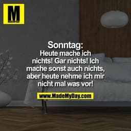 Sonntag:
Heute mache ich nichts! Gar nichts! Ich mache sonst auch nichts, aber heute nehme ich mir nicht mal was vor!