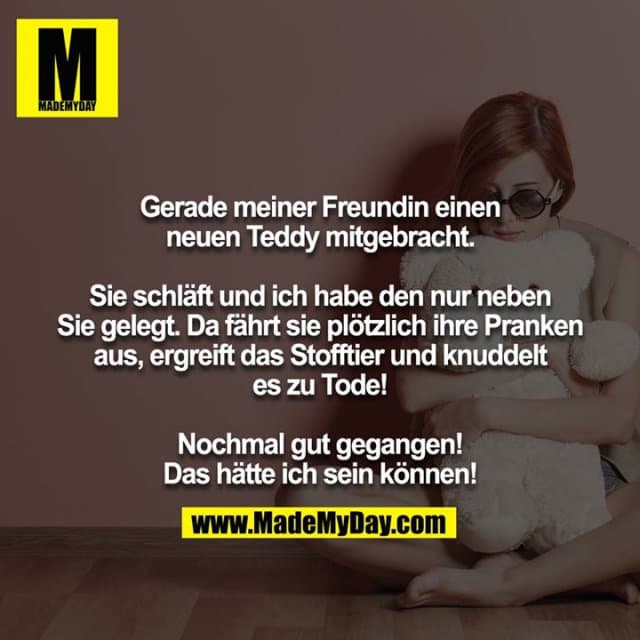 Gerade meiner Freundin einen neuen Teddy mitgebracht.
Sie schläft und ich habe den nur neben Sie gelegt. Da fährt sie plötzlich ihre Pranken aus, ergreift das Stofftier und knuddelt es zu Tode!
Nochmal gut gegangen! Das hätte ich sein können! - Inspiration, Zitate & Sprüche | MadeMyDay | Jetzt entdecken & teilen Gerade meiner Freundin einen neuen Teddy mitgebracht.
Sie schläft und ich habe den nur neben Sie gelegt. Da fährt sie plötzlich ihre Pranken aus, ergreift das Stofftier und knuddelt es zu Tode!
Nochmal gut gegangen! Das hätte ich sein können! - Inspirierendes Zitat mit Bild