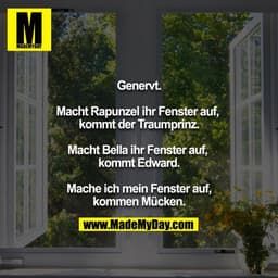 Genervt.
Macht Rapunzel ihr Fenster auf, kommt der Traumprinz.
Macht Bella ihr Fenster auf, kommt Edward.
Mache ich