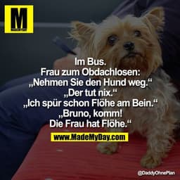Im Bus. Frau zum Obdachlosen:
"Nehmen Sie den Hund weg."
"Der tut nix."
"Ich spür schon Flöhe am Bein."
"Bruno, komm! Di