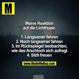 Meine Reaktion
auf die Lichthupe:
1. Langsamer fahren
2. Noch langsamer fahren
3. Im Rückspiegel beobachten,
wie das Ar