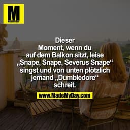 Dieser
Moment, wenn du
auf dem Balkon sitzt, leise
„Snape, Snape, Severus Snape“
singst und von unten plötzlich
jemand „