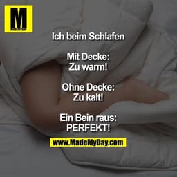 Ich beim Schlafen
Mit Decke:
Zu warm!
Ohne Decke:
Zu kalt!
Ein Bein raus:
PERFEKT!