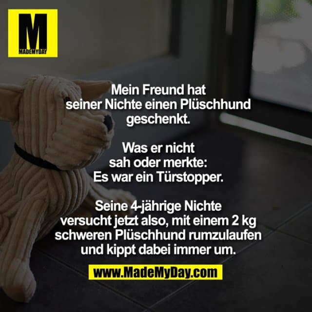 Mein Freund hat seiner Nichte einen Plüschhund geschenkt. Was er nicht sah oder merkte: Es war ein Türstopper.
Seine 4-jährige Nichte versucht jetzt also, mit einem 2 kg schweren Plüschhund rumzulaufen und kippt dabei immer um. - Inspiration, Zitate & Sprüche | MadeMyDay | Jetzt entdecken & teilen Mein Freund hat seiner Nichte einen Plüschhund geschenkt. Was er nicht sah oder merkte: Es war ein Türstopper.
Seine 4-jährige Nichte versucht jetzt also, mit einem 2 kg schweren Plüschhund rumzulaufen und kippt dabei immer um. - Inspirierendes Zitat mit Bild
