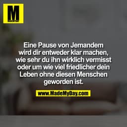 Eine Pause von Jemandem
wird dir entweder klar machen,
wie sehr du ihn wirklich vermisst
oder um wie viel friedlicher de