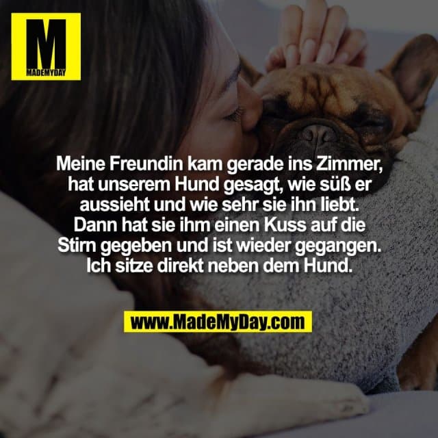 Meine Freundin kam gerade ins Zimmer,
hat unserem Hund gesagt, wie süß er
aussieht und wie sehr sie ihn liebt.
Dann hat sie ihm einen Kuss auf die
Stirn gegeben und ist wieder gegangen.
Ich sitze direkt neben dem Hund. - Inspiration, Zitate & Sprüche | MadeMyDay | Jetzt entdecken & teilen Meine Freundin kam gerade ins Zimmer,
hat unserem Hund gesagt, wie süß er
aussieht und wie sehr sie ihn liebt.
Dann hat sie ihm einen Kuss auf die
Stirn gegeben und ist wieder gegangen.
Ich sitze direkt neben dem Hund. - Inspirierendes Zitat mit Bild