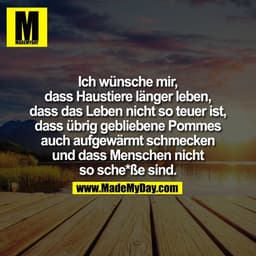 Ich wünsche mir,
dass Haustiere länger leben,
dass das Leben nicht so teuer ist,
dass übrig gebliebene Pommes
auch aufge