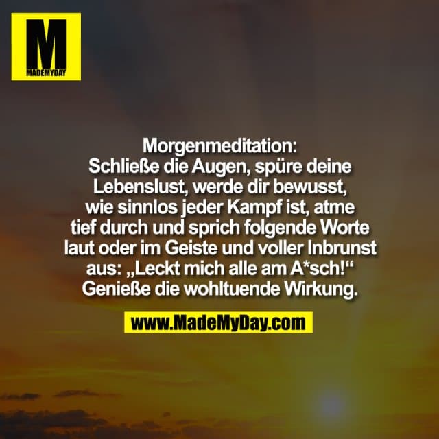Morgenmeditation:
Schließe die Augen, spüre deine
Lebenslust, werde dir bewusst,
wie sinnlos jeder Kampf ist, atme
tief durch und sprich folgende Worte
laut oder im Geiste und voller Inbrunst
aus: „Leckt mich alle am A*sch!“
Genieße die wohltuende Wirkung. - Inspiration, Zitate & Sprüche | MadeMyDay | Jetzt entdecken & teilen Morgenmeditation:
Schließe die Augen, spüre deine
Lebenslust, werde dir bewusst,
wie sinnlos jeder Kampf ist, atme
tief durch und sprich folgende Worte
laut oder im Geiste und voller Inbrunst
aus: „Leckt mich alle am A*sch!“
Genieße die wohltuende Wirkung. - Inspirierendes Zitat mit Bild