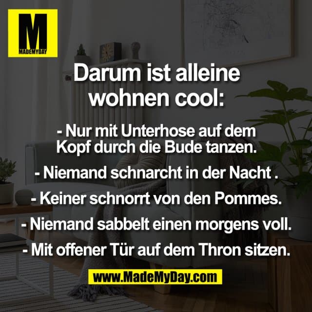 Darum ist alleine
wohnen cool:
- Nur mit Unterhose auf dem
Kopf durch die Bude tanzen.
- Niemand schnarcht in der Nacht .
- Keiner schnorrt von den Pommes.
- Niemand sabbelt einen morgens voll.
- Mit offener Tür auf dem Thron sitzen. - Inspiration, Zitate & Sprüche | MadeMyDay | Jetzt entdecken & teilen Darum ist alleine
wohnen cool:
- Nur mit Unterhose auf dem
Kopf durch die Bude tanzen.
- Niemand schnarcht in der Nacht .
- Keiner schnorrt von den Pommes.
- Niemand sabbelt einen morgens voll.
- Mit offener Tür auf dem Thron sitzen. - Inspirierendes Zitat mit Bild