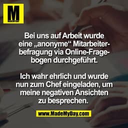 Bei uns auf Arbeit wurde
eine „anonyme“ Mitarbeiter-
befragung via Online-Frage-
bogen durchgeführt.
Ich wahr ehrlich u