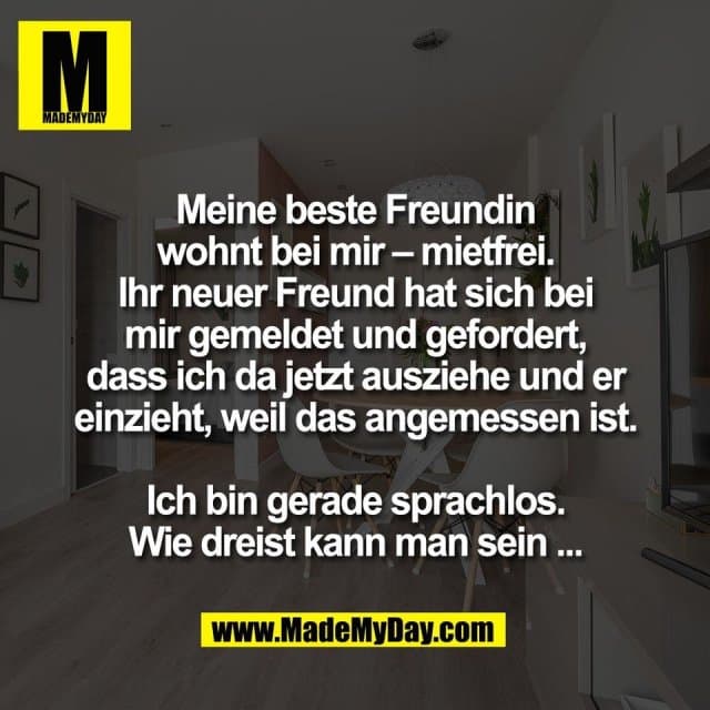 Meine beste Freundin
wohnt bei mir – mietfrei.
Ihr neuer Freund hat sich bei
mir gemeldet und gefordert,
dass ich da jetzt ausziehe und er
einzieht, weil das angemessen ist.
Ich bin gerade sprachlos.
Wie dreist kann man sein ... - Inspiration, Zitate & Sprüche | MadeMyDay | Jetzt entdecken & teilen Meine beste Freundin
wohnt bei mir – mietfrei.
Ihr neuer Freund hat sich bei
mir gemeldet und gefordert,
dass ich da jetzt ausziehe und er
einzieht, weil das angemessen ist.
Ich bin gerade sprachlos.
Wie dreist kann man sein ... - Inspirierendes Zitat mit Bild