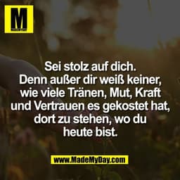 Sei stolz auf dich.
Denn außer dir weiß keiner,
wie viele Tränen, Mut, Kraft
und Vertrauen es gekostet hat,
dort zu steh