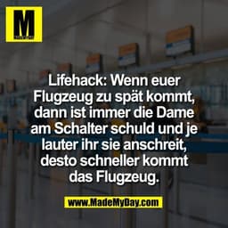 Lifehack: Wenn euer
Flugzeug zu spät kommt,
dann ist immer die Dame
am Schalter schuld und je
lauter ihr sie anschreit,