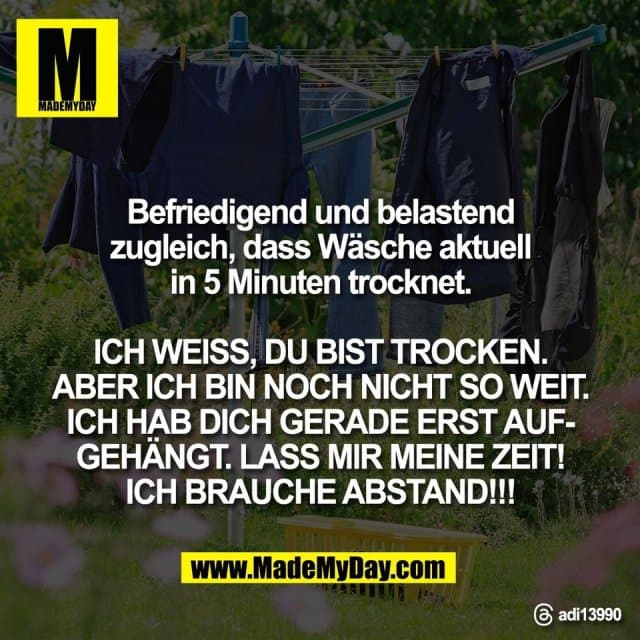 Befriedigend und belastend
zugleich, dass Wäsche aktuell
in 5 Minuten trocknet.
ICH WEISS, DU BIST TROCKEN.
ABER ICH BIN NOCH NICHT SO WEIT.
ICH HAB DICH GERADE ERST AUF-
GEHÄNGT. LASS MIR MEINE ZEIT!
ICH BRAUCHE ABSTAND!!!
Threads: adi13990 - Inspiration, Zitate & Sprüche | MadeMyDay | Jetzt entdecken & teilen Befriedigend und belastend
zugleich, dass Wäsche aktuell
in 5 Minuten trocknet.
ICH WEISS, DU BIST TROCKEN.
ABER ICH BIN NOCH NICHT SO WEIT.
ICH HAB DICH GERADE ERST AUF-
GEHÄNGT. LASS MIR MEINE ZEIT!
ICH BRAUCHE ABSTAND!!!
Threads: adi13990 - Inspirierendes Zitat mit Bild
