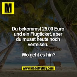 Du bekommst 25.00 Euro
und ein Flugticket, aber
du musst heute noch
verreisen.
Wo geht es hin?