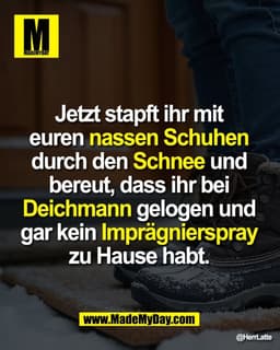 Jetzt stapft ihr mit
euren nassen Schuhen
durch den Schnee und
bereut, dass ihr bei
Deichmann gelogen und
gar kein